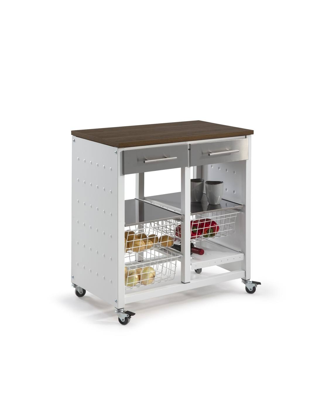 Desserte de cuisine à roulettes BERGEN avec 2 tiroirs et un grand plateau effet bois, DON HIERRO