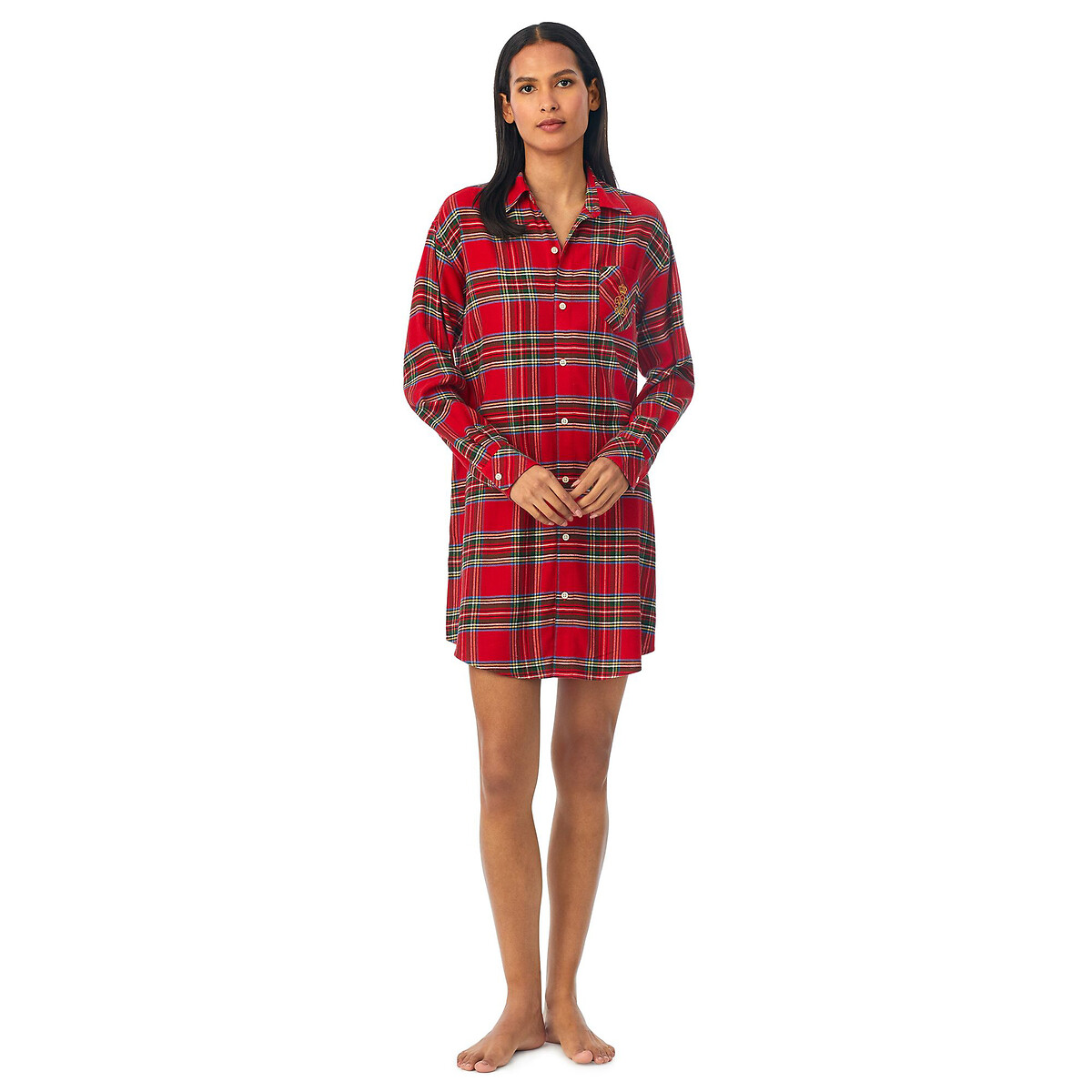Image of Checked Cotton Mix Nightshirt with Long Sleeves