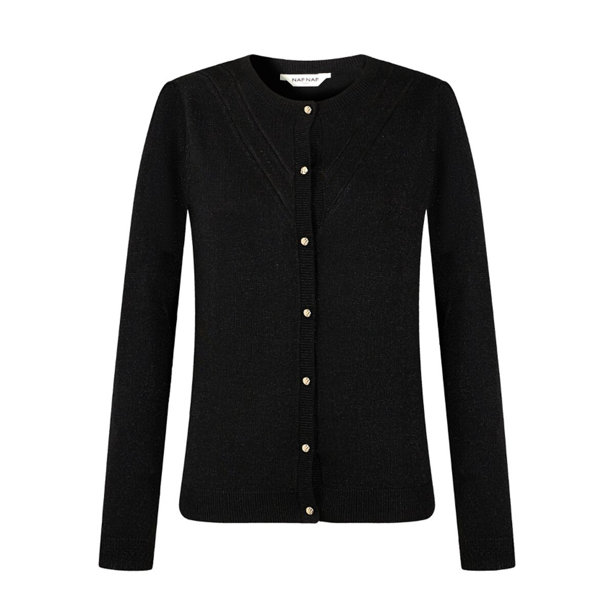 Image of Buttoned Openwork Knit Cardigan with Crew Neck