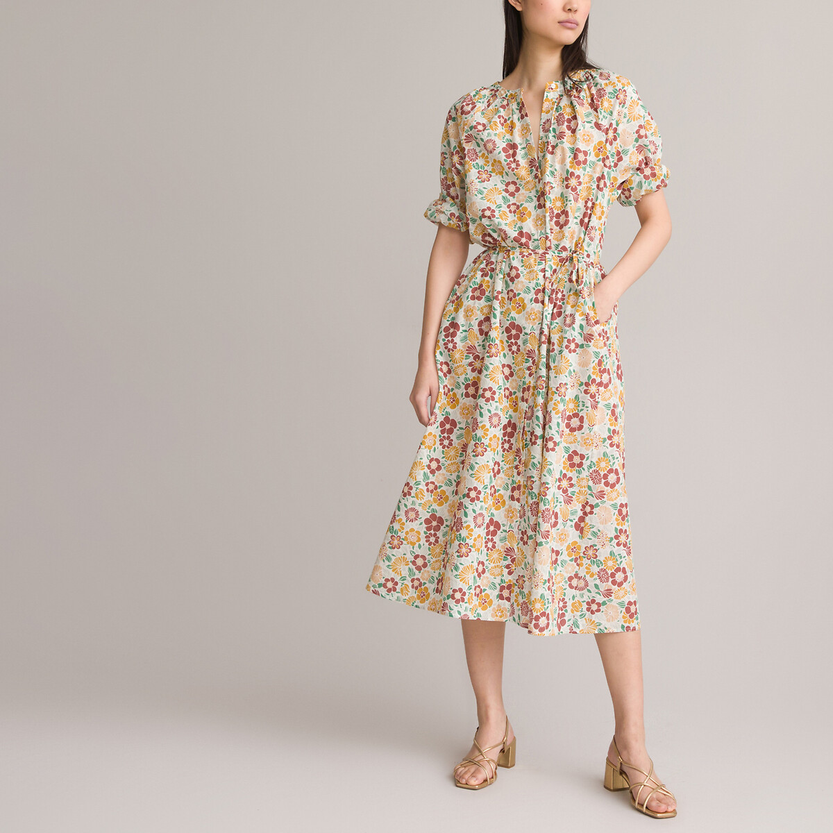 Floral Cotton Midaxi Dress with Long Balloon Sleeves