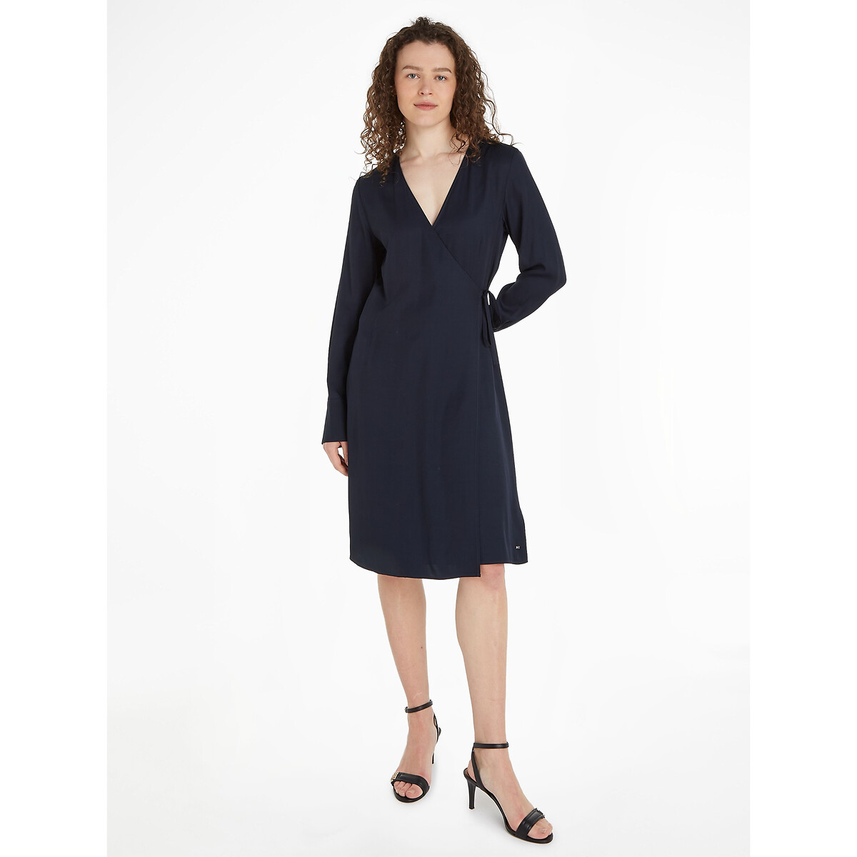 Image of Mid-Length Wrapover Dress with Long Sleeves