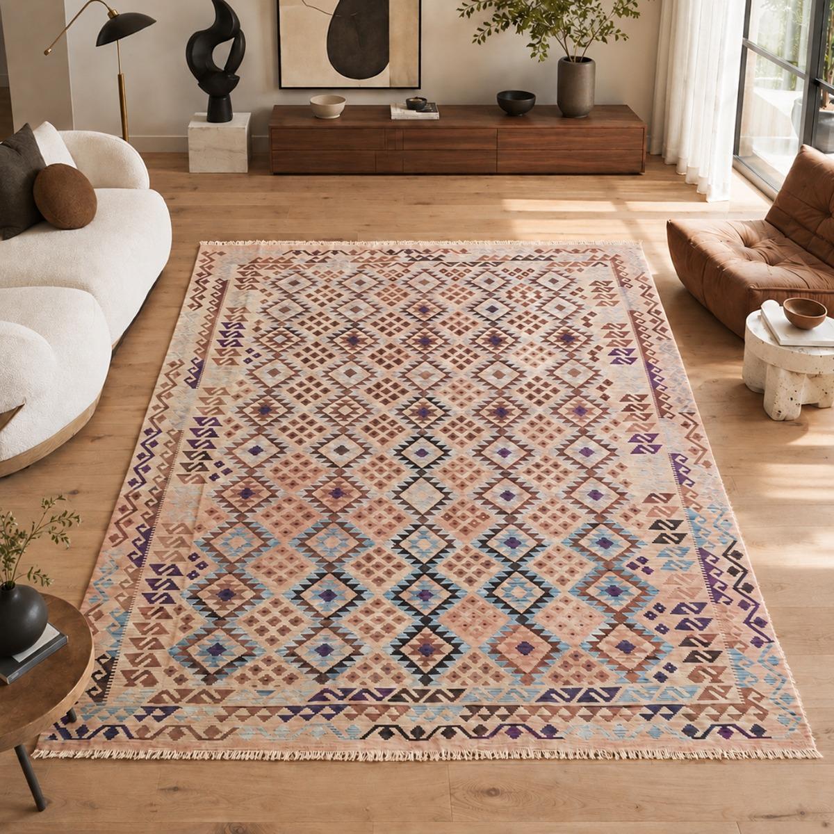 Tapis kilim au motif ethnique, tissé plat, laine, KILIM 60, UN AMOUR DE TAPIS