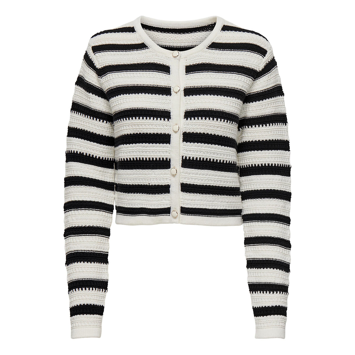 Image of Striped Short Cardigan in Cotton Mix and Detailed Knit