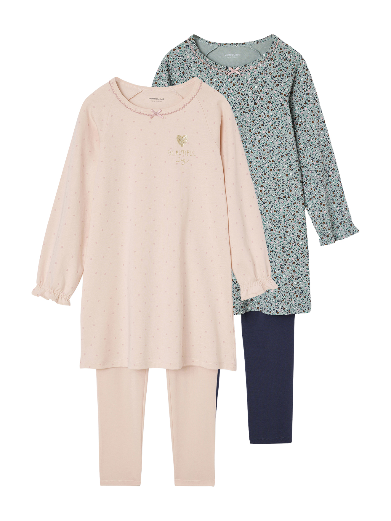 Lot 2 Chemises De Nuit + Legging Fille Fleurs, VERTBAUDET