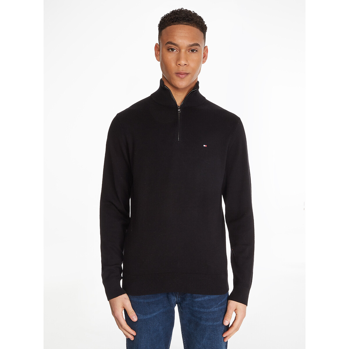 Embroidered Logo Jumper in Cotton/Cashmere with Half Zip