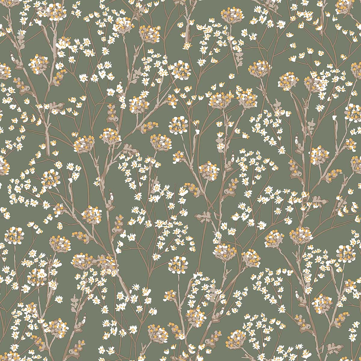 Papier peint fleurs sauvages vert sauge naturel, HEXOA