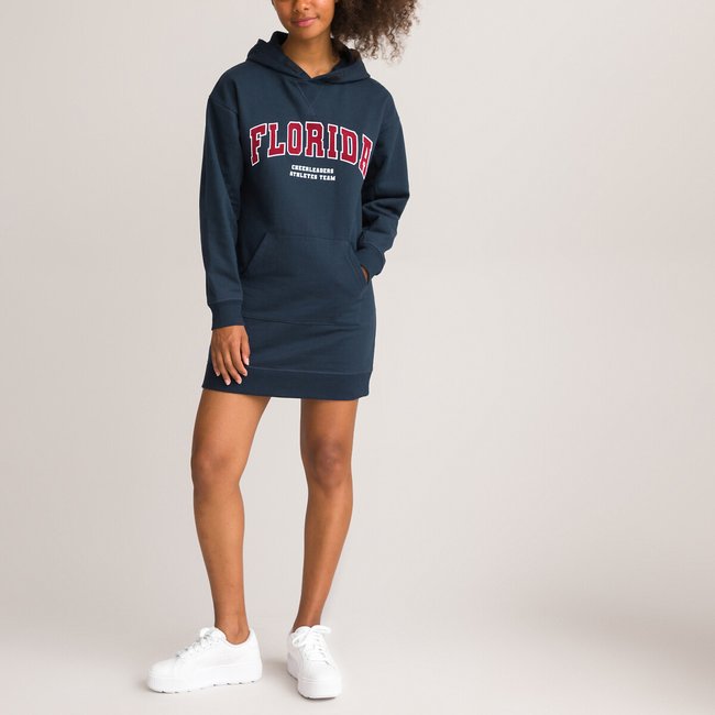 Florida Hoodie Dress in Organic Cotton Mix, navy blue, LA REDOUTE COLLECTIONS