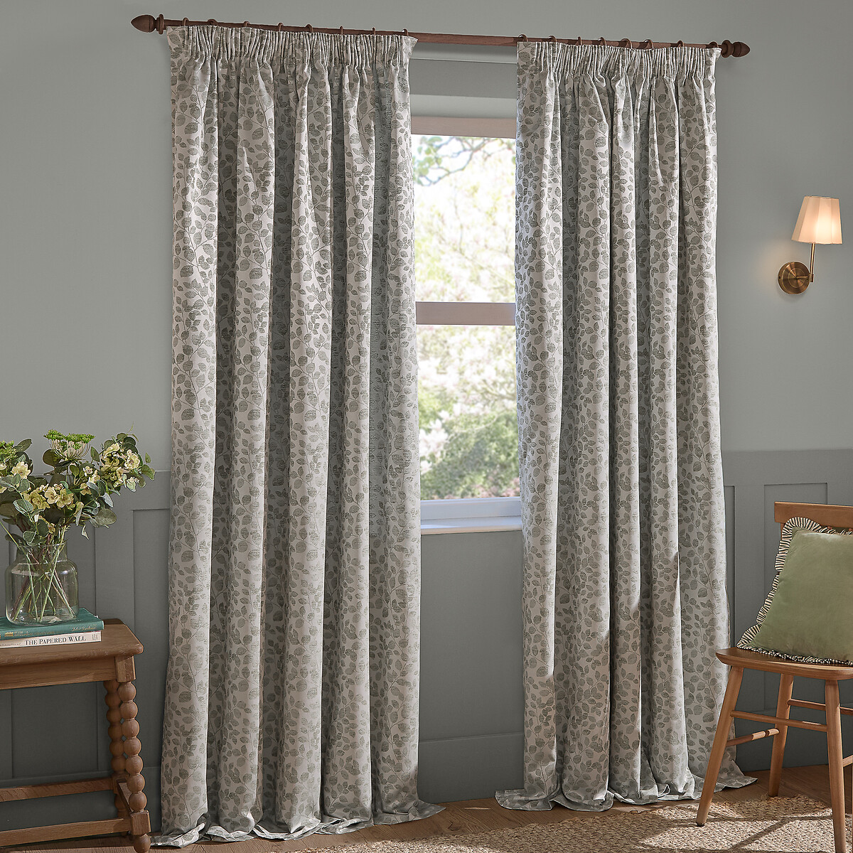 Grace Leaf Jacquard Pencil Pleat Curtain Pair, WYLDER