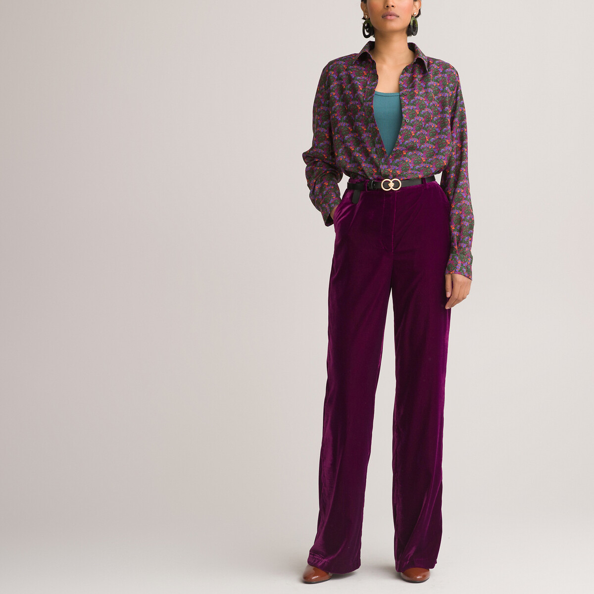Straight panne velvet trousers, length 