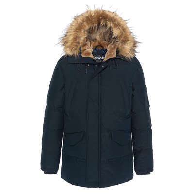 Hooded Winter Padded Jacket with Faux Fur Trim, Mid-Length SCHOTT