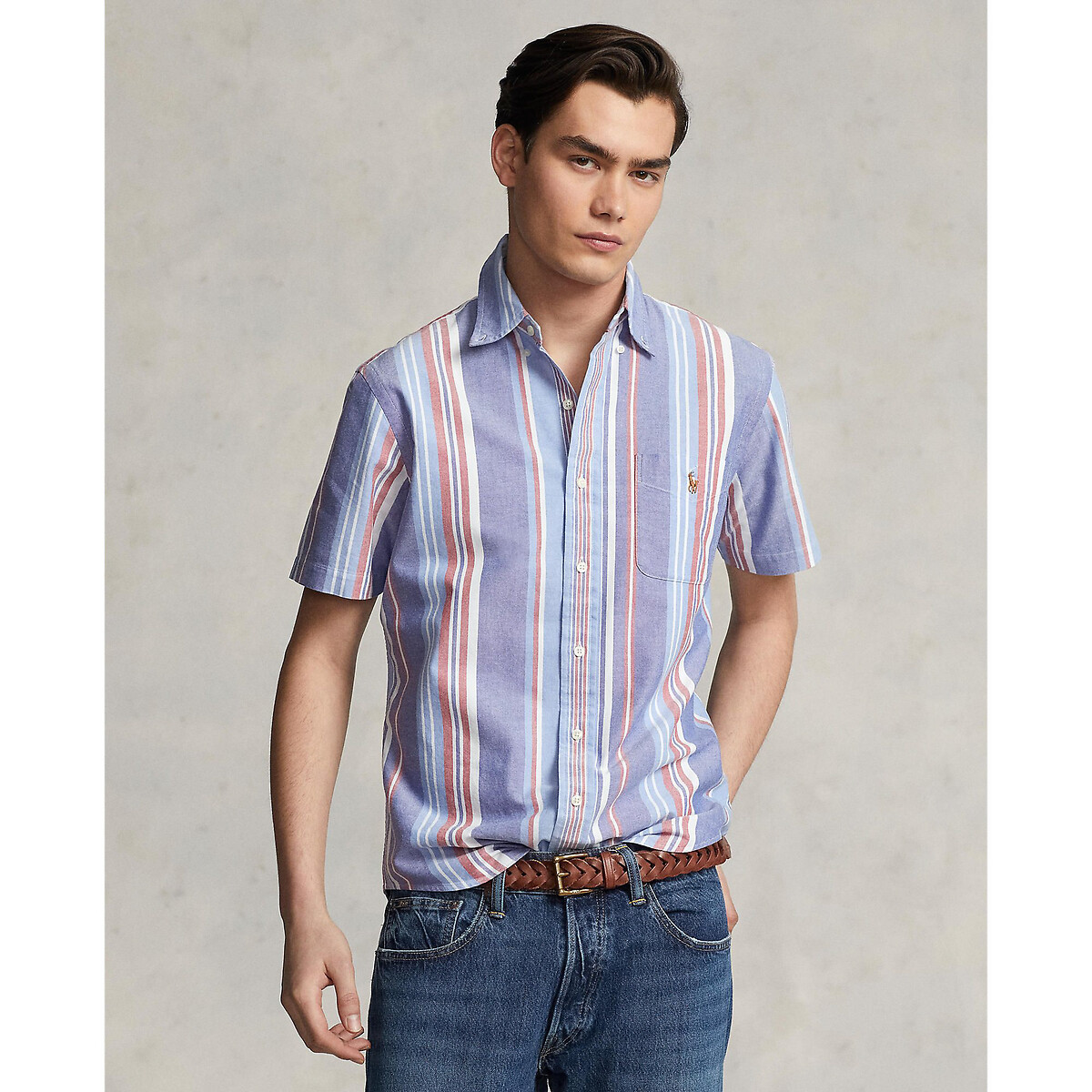 Image of Striped Oxford Cotton Shirt with Short Sleeves