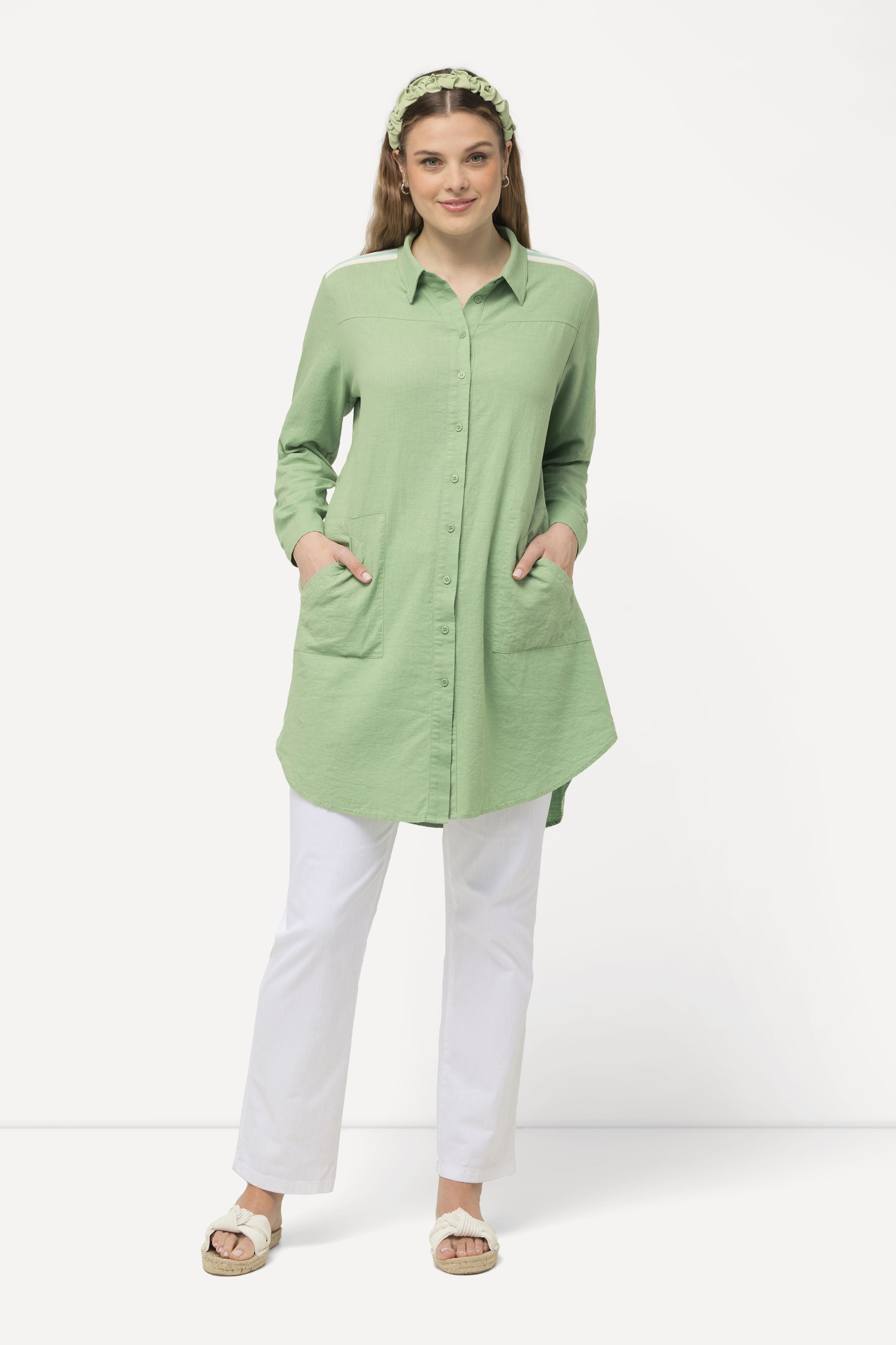 Blouse longue en lin mélangé à col chemise, ULLA POPKEN
