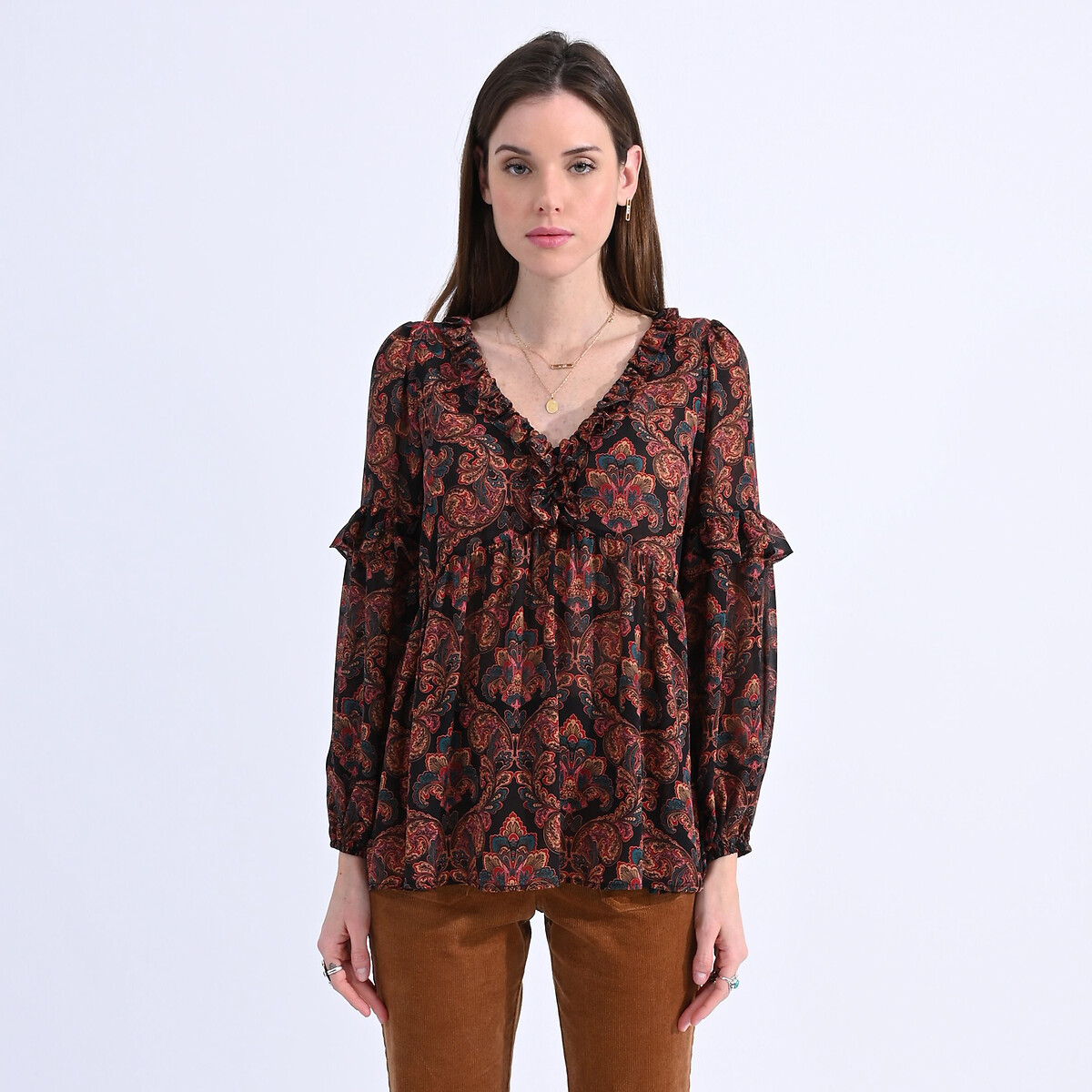 V-neck blouse with 3/4 length sleeves, print/black background, Molly ...