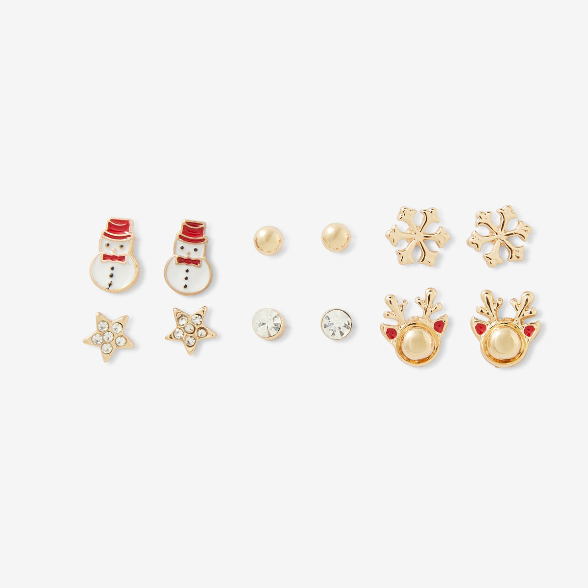 Set de 6 paires de puces d'oreilles Noël - Boules, étoiles, flocons, rennes et bonhommes de neige, BALABOOSTE