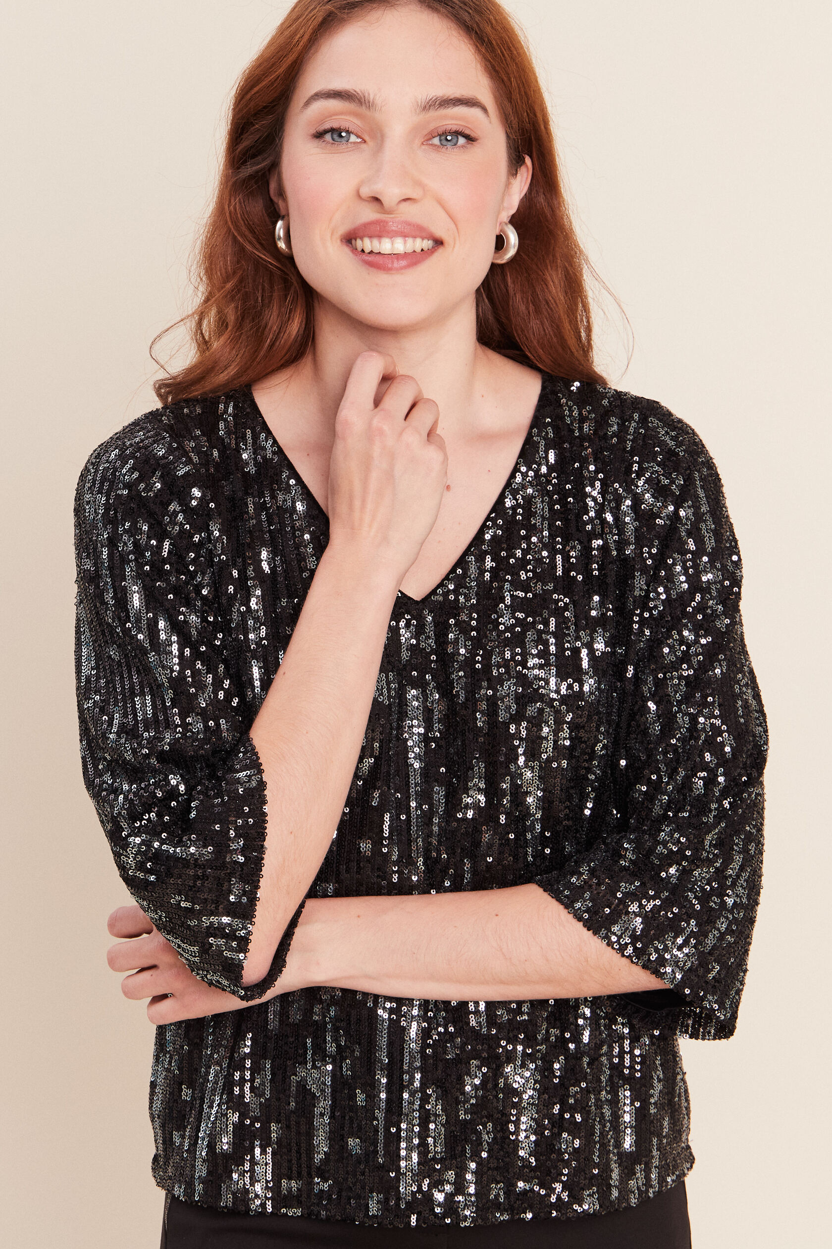 Blouse col v manches 3/4 à sequins, BREAL