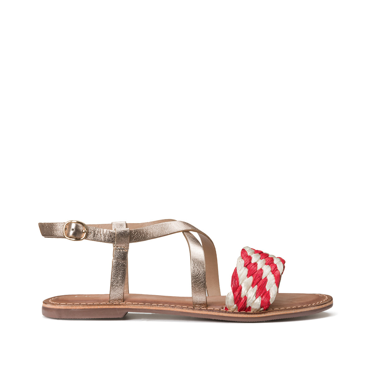 Sandalen in leer, platte hak, vicora rood/zilver Pieces | La Redoute