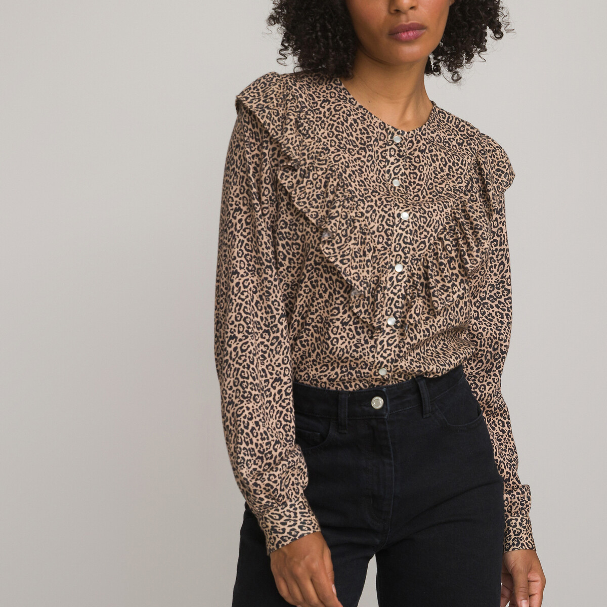 Leopard Print Cotton Blouse with Ruffle and Long Sleeves