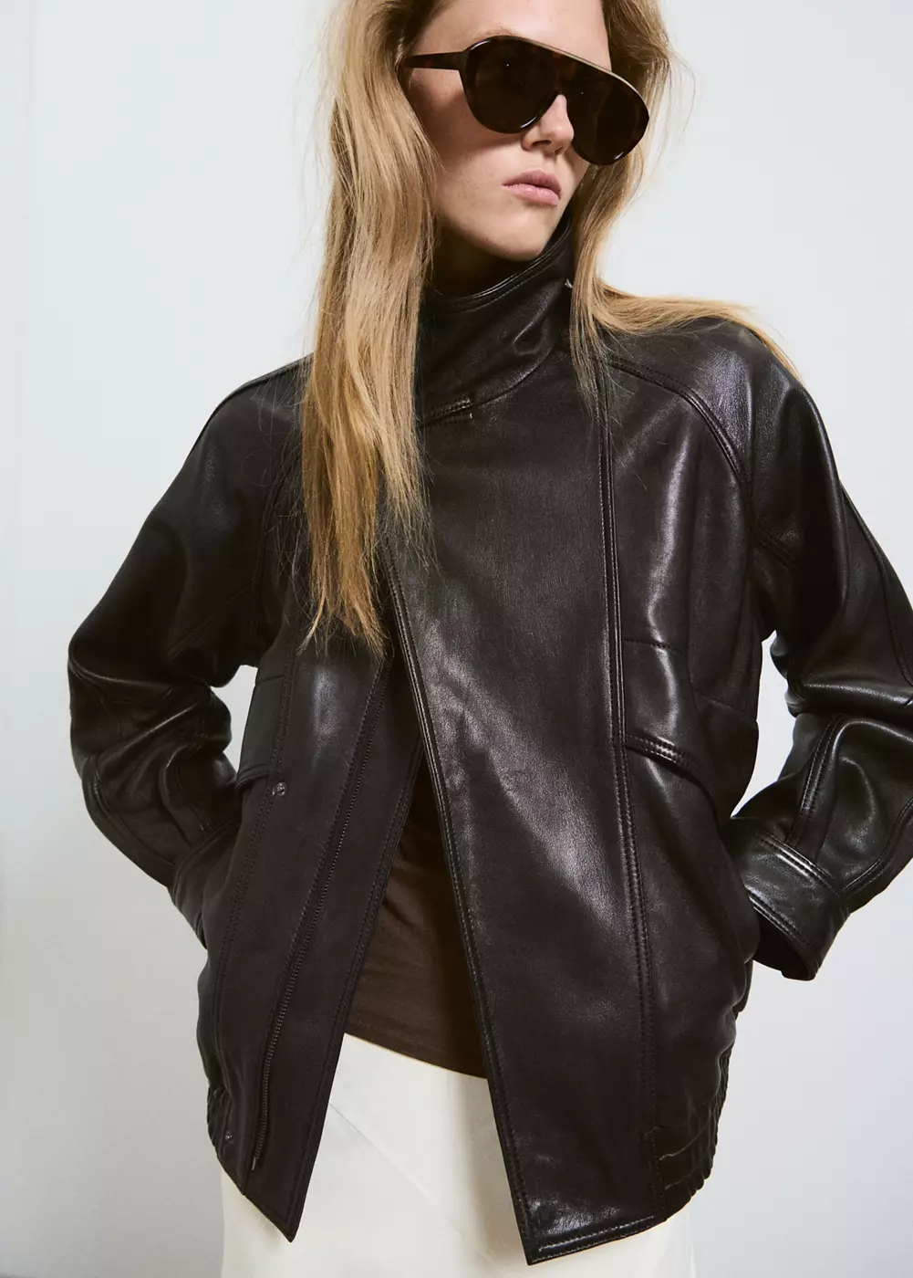 Veste oversize en cuir col cheminée, MANGO