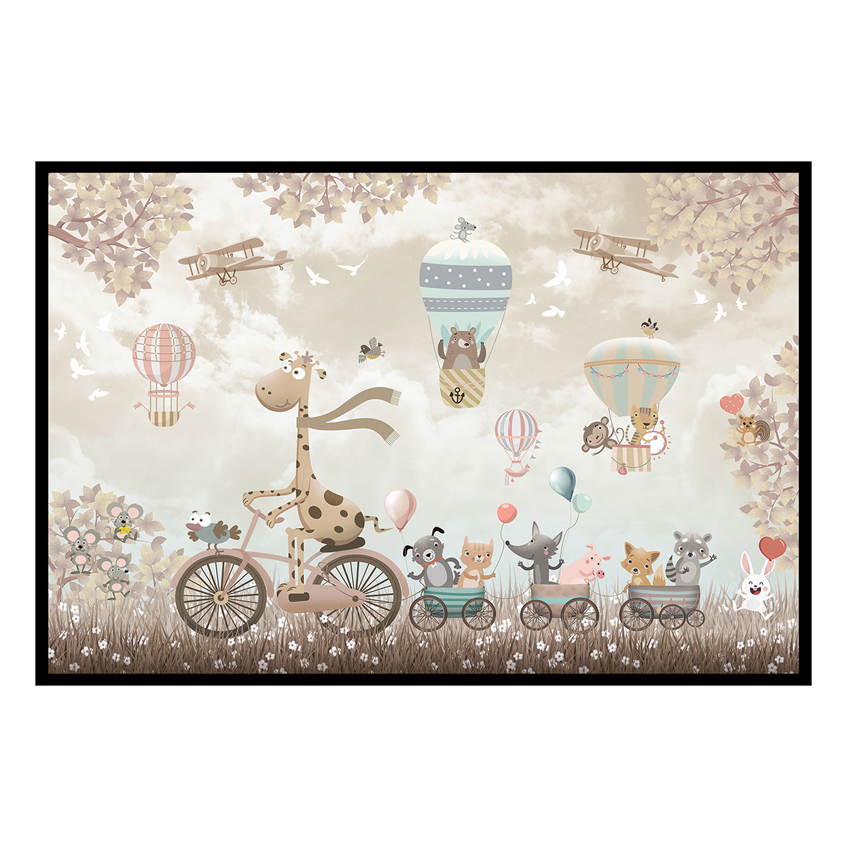 Affiche encadrée animaux montgolfière douce, HEXOA