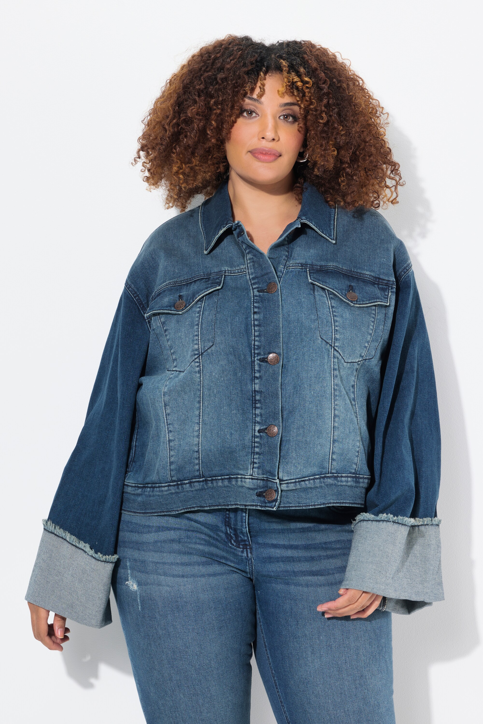 Veste en jean, franges et col chemise, ULLA POPKEN