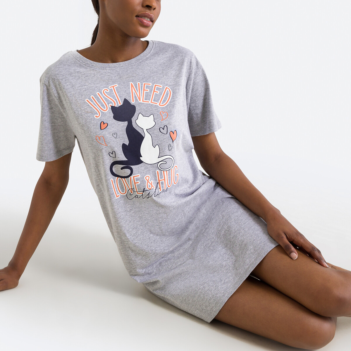 Slogan Print Nightshirt in Cotton Mix with Short Sleeves