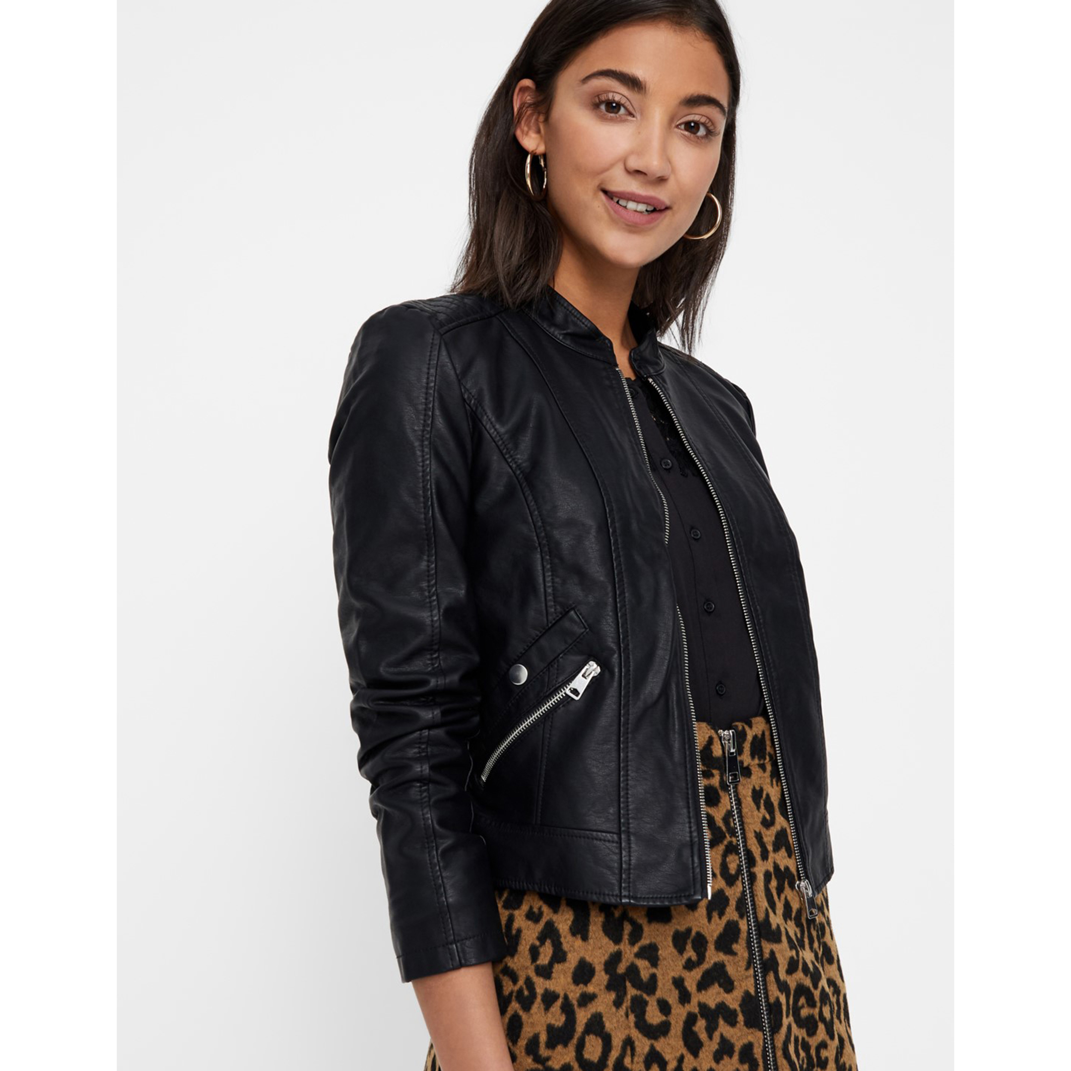 Short Faux Leather Jacket with High-Neck