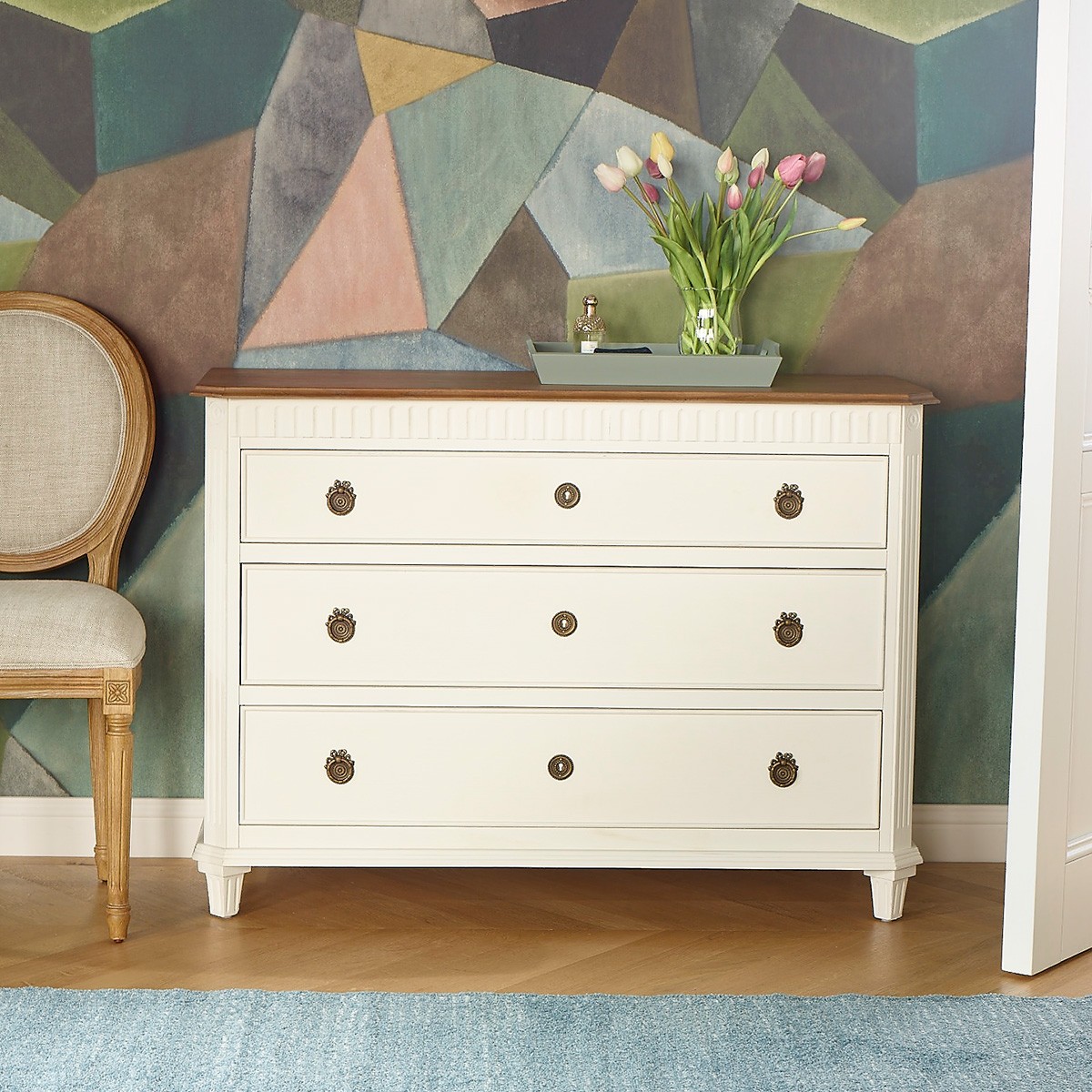 Commode style shabby chic, plateau en chêne, 3 tiroirs HORACE, ROBIN DES BOIS