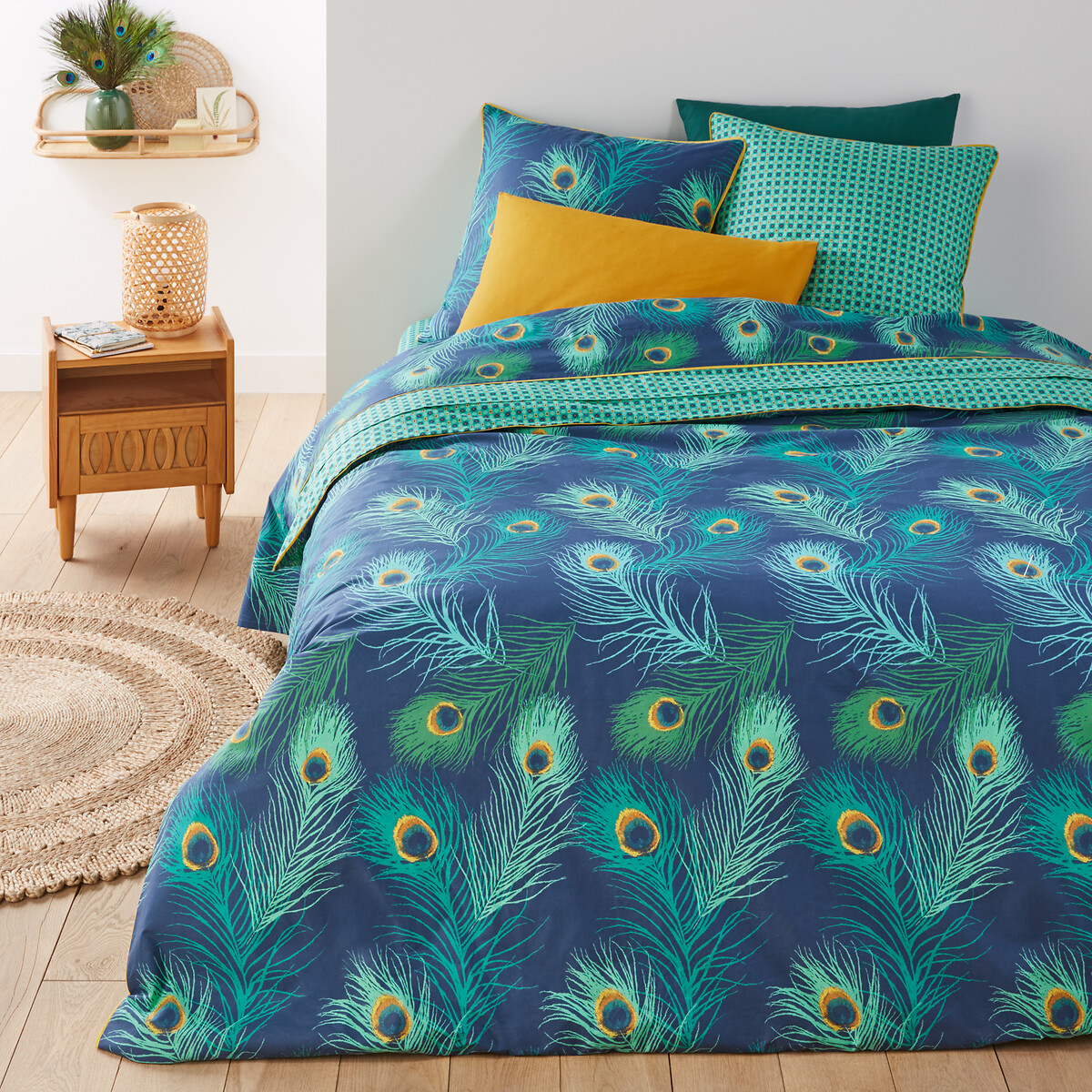 Shakhra Pea Print Cotton Percale, Teal Brushed Cotton Duvet Cover