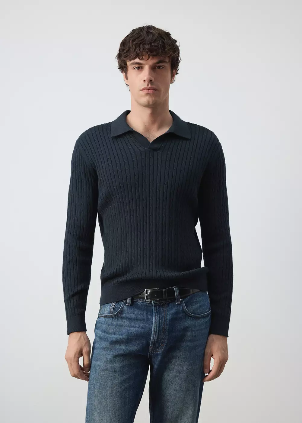 Pull polo mélange coton lyocell maille torsadée, MANGO MAN