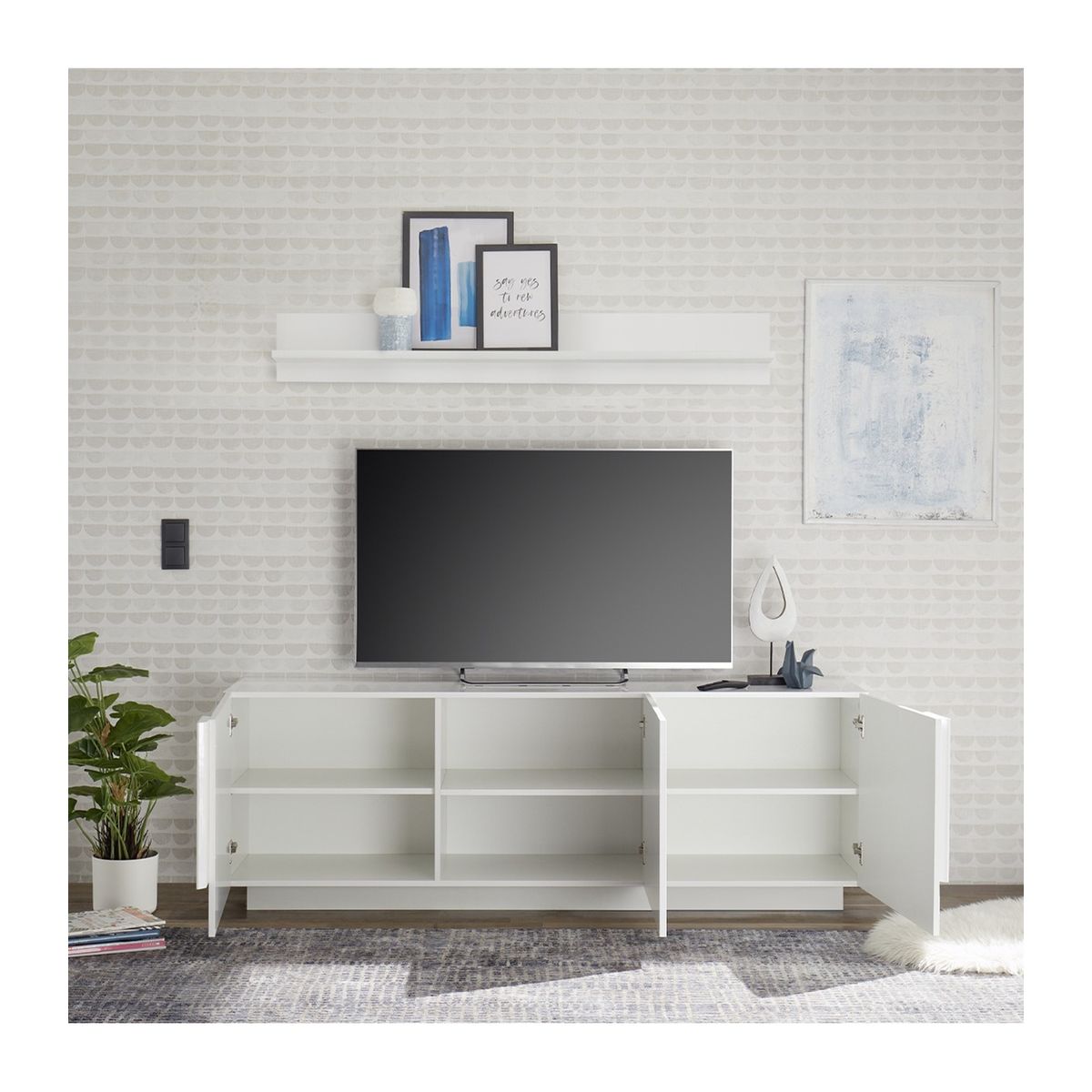 Meuble Télé haut blanc et chêne strié 182 cm pour salon