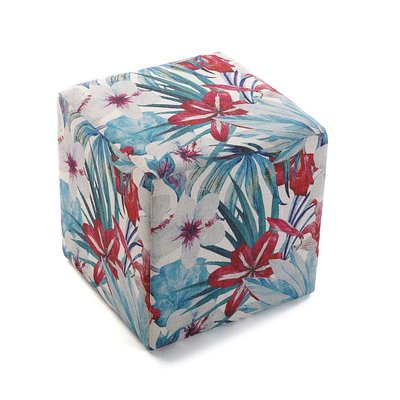 Pouf cube tropical motif feuilles bleutées et fleurs 35x35x35cm BORNEO PIER IMPORT