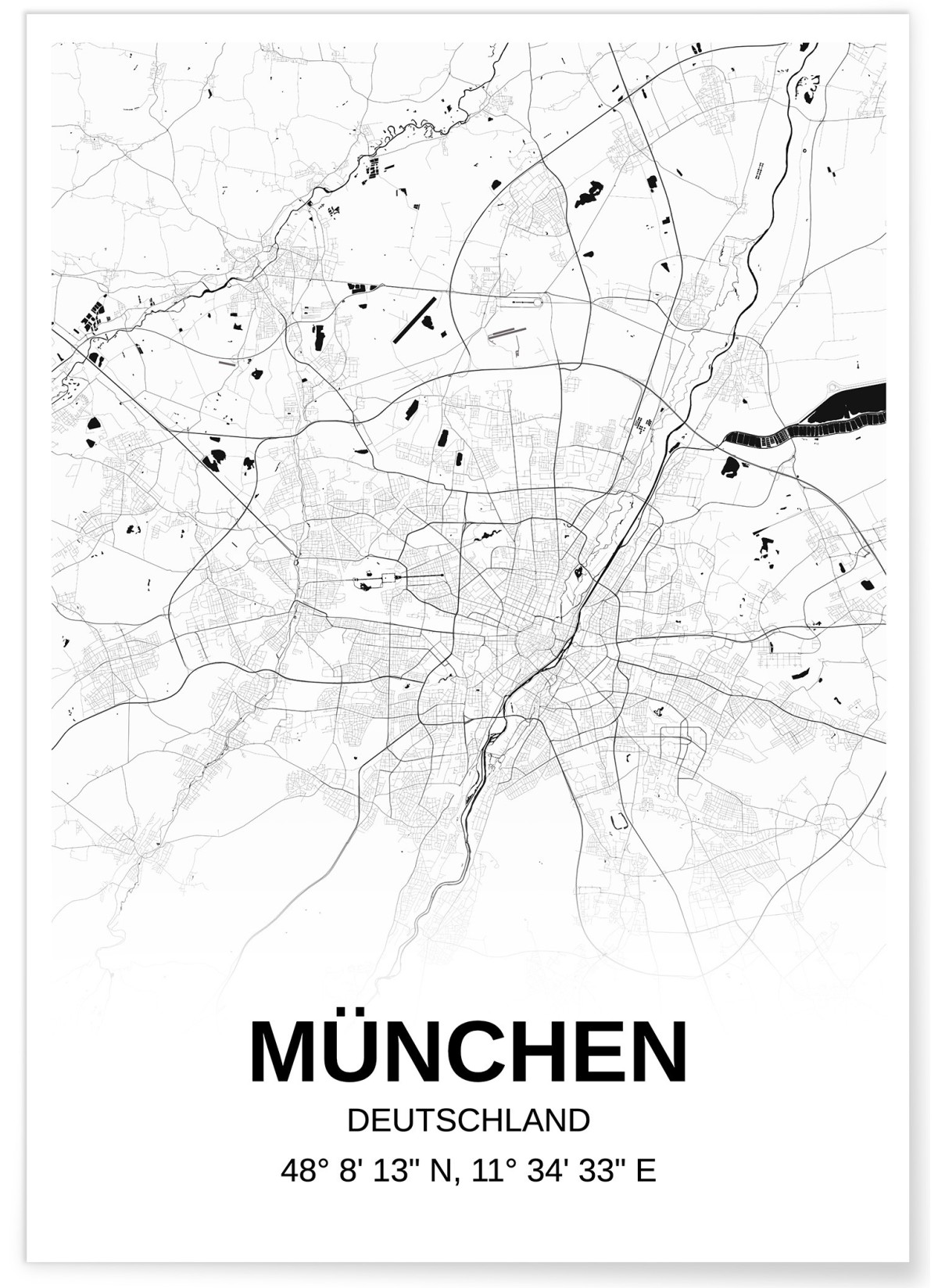 Affiche carte München - rectangle Noir et Blanc, L'AFFICHERIE