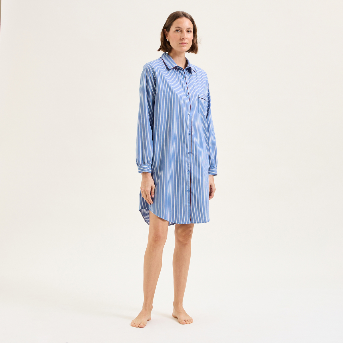 Chemise de nuit col classique en popeline de coton ESSENTIEL RAYÉ, LAURENCE TAVERNIER