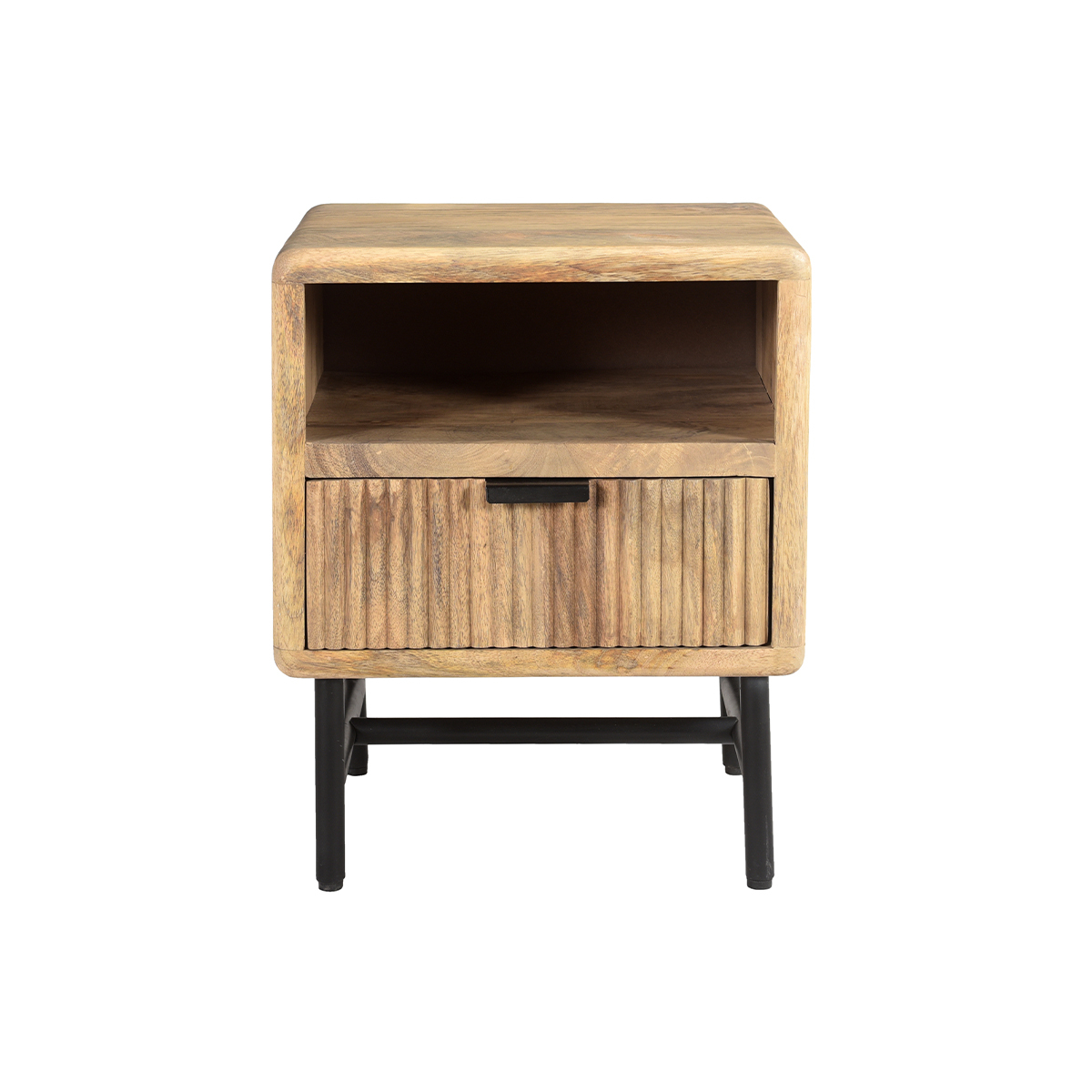 Table de chevet avec rangements bois manguier massif gravé et métal noir MORISSON, MILIBOO