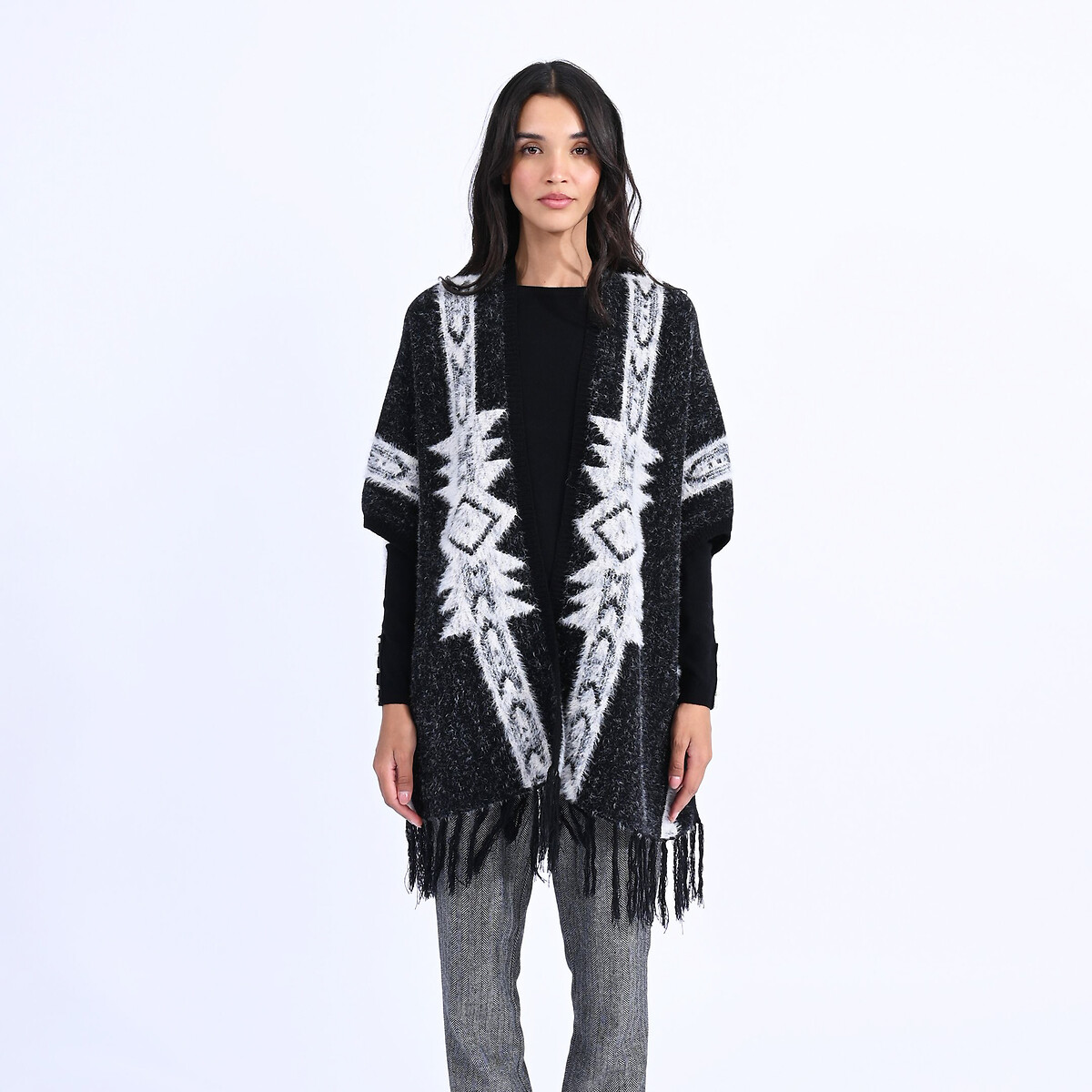 Fringed Open Cardigan in Tribal Print