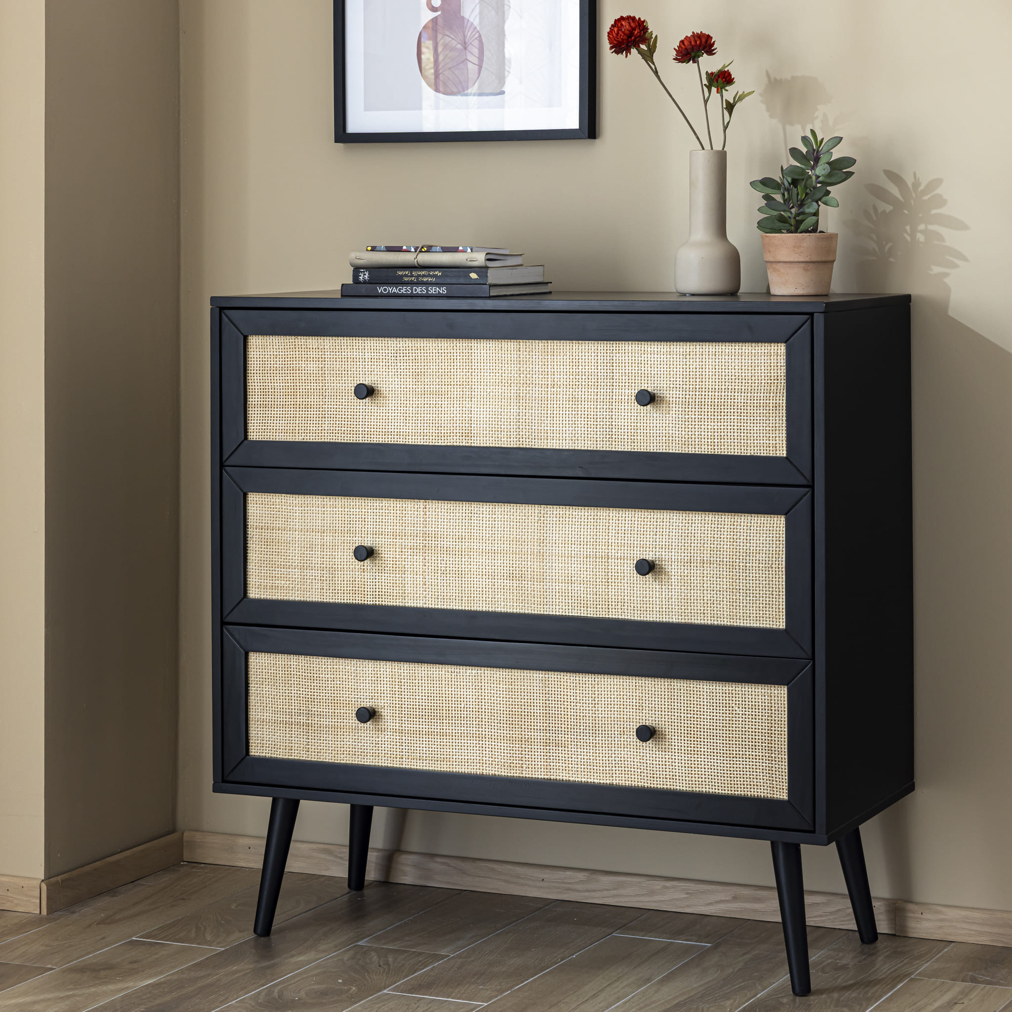 Commode cannage avec 3 tiroirs - ANNA, TERRE DE NUIT
