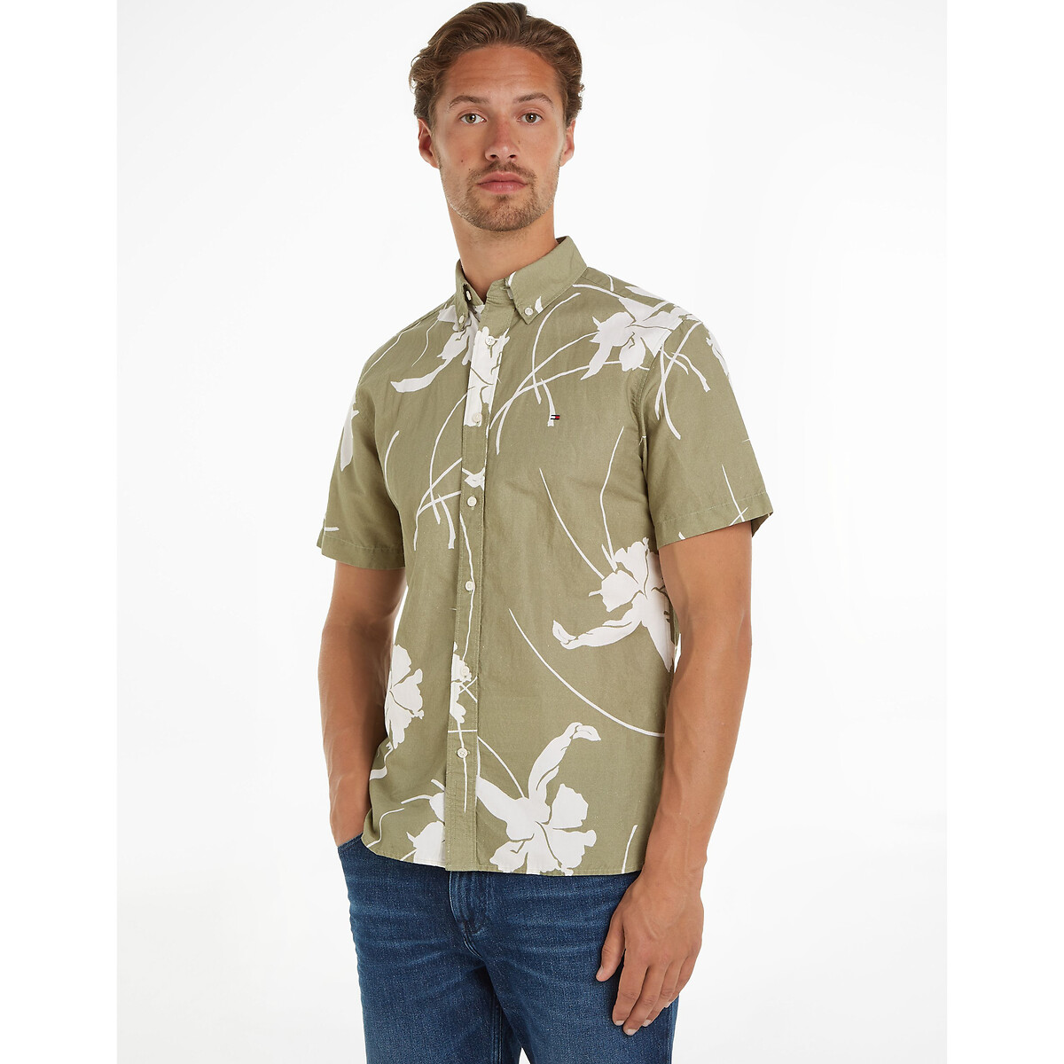 Image of Printed Cotton Shirt with Short Sleeves