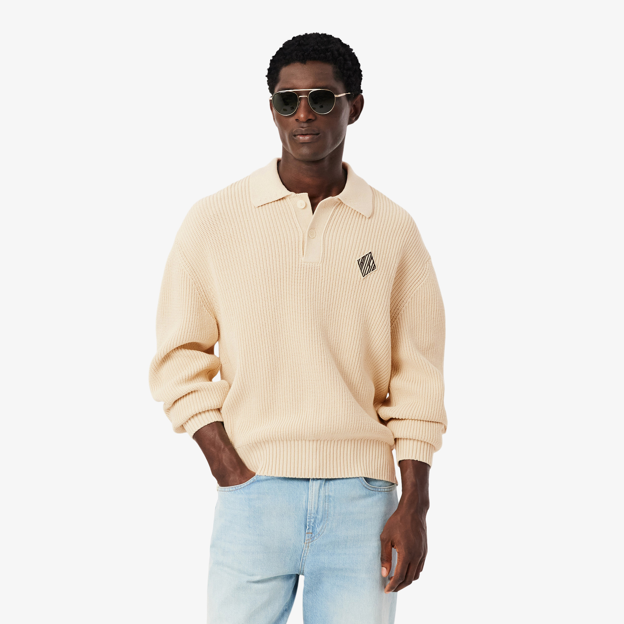 Pull col polo maille perlée badge, LACOSTE