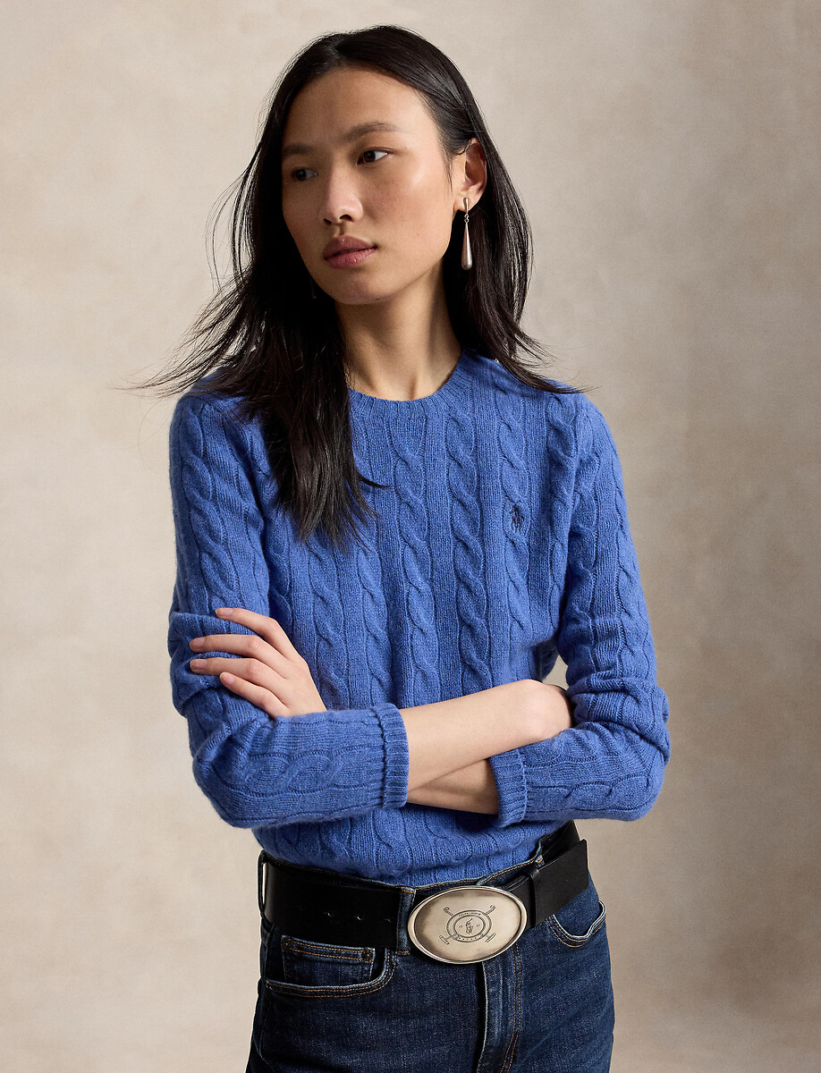 Camisola às tranças, com gola redonda, 80% lã, 20% caxemira, POLO RALPH LAUREN