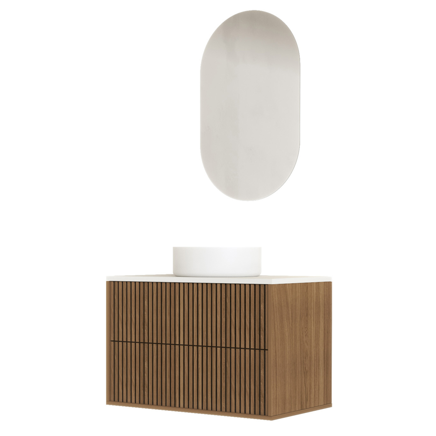 Meuble de salle de bain suspendu avec façade crantée, vasque(s) ronde(s) et miroir(s) ovales, HOME MAISON