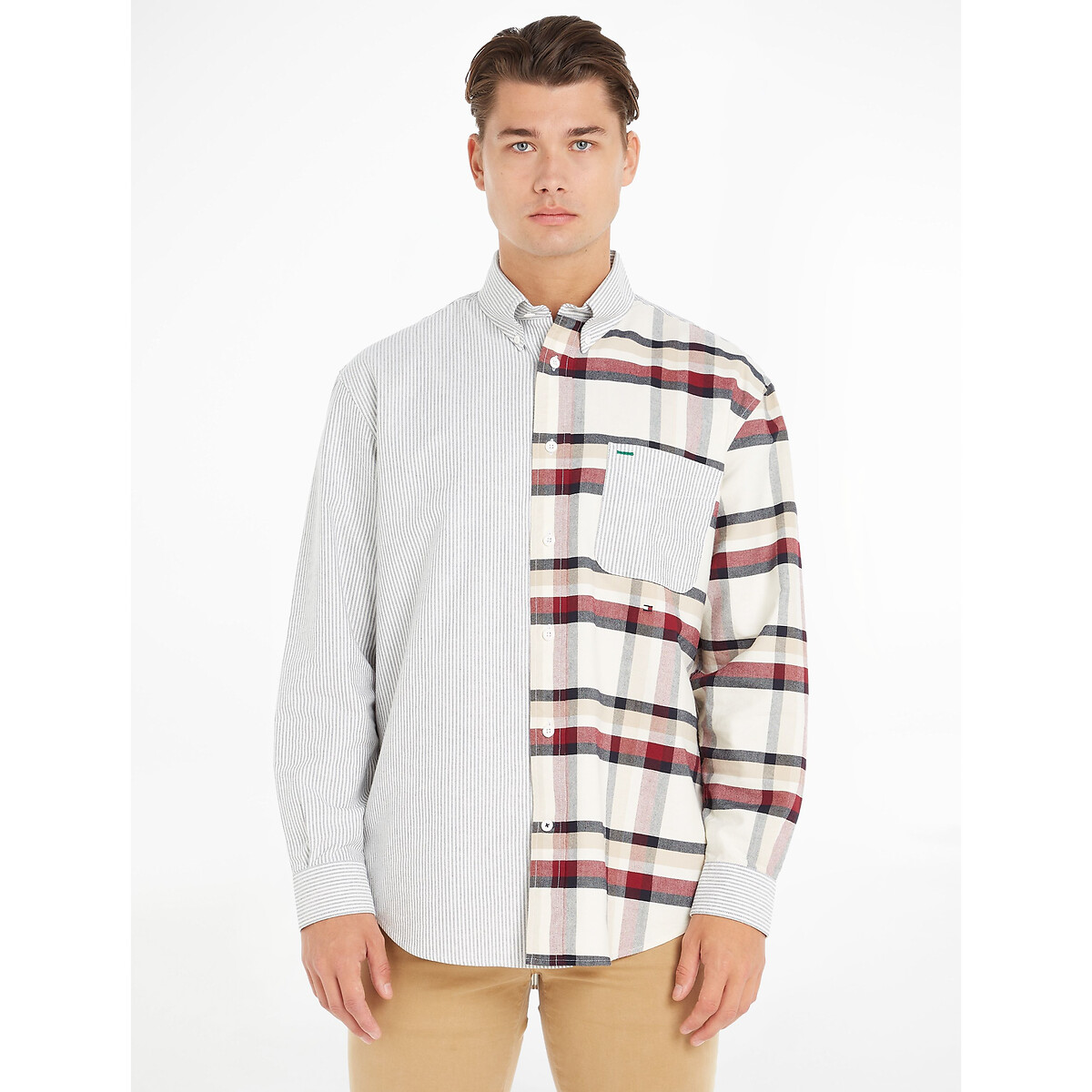 Image of Checked/Striped Cotton Shirt with Long Sleeves