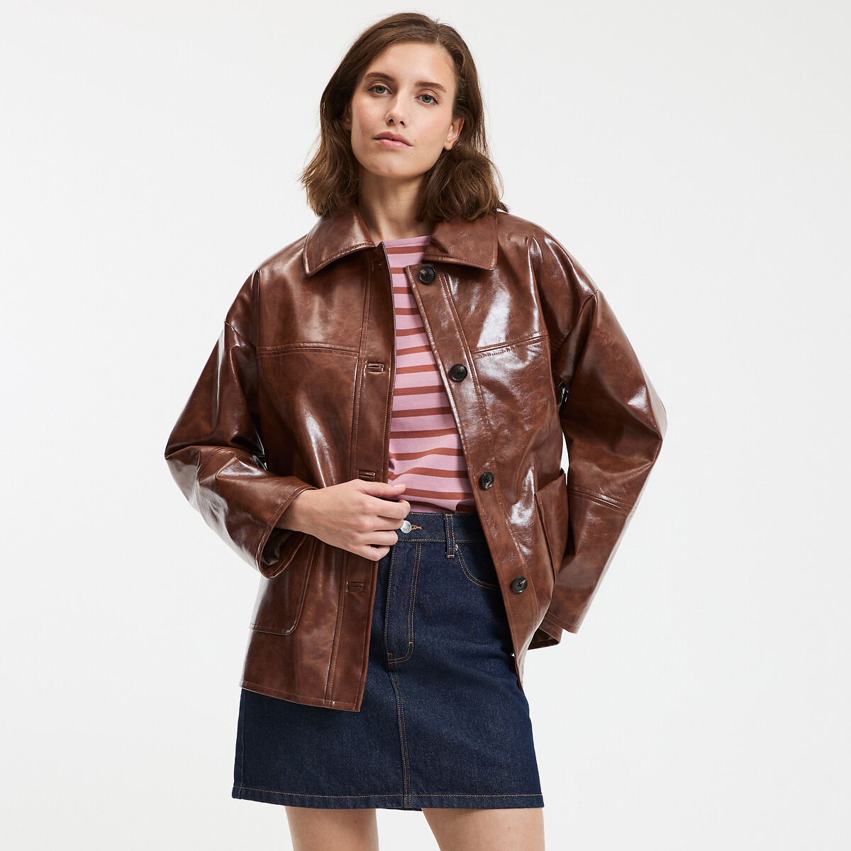 Mid-Length Buttoned Jacket in Faux Patent Leather, LA REDOUTE COLLECTIONS