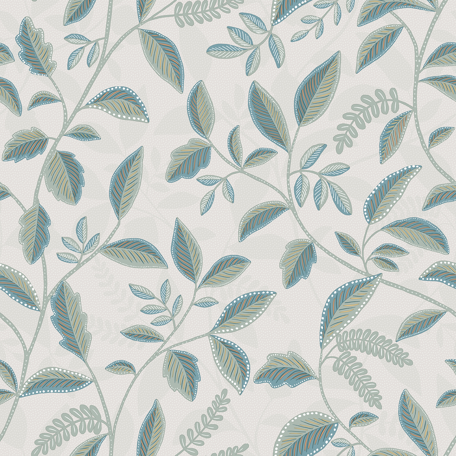 Papier peint feuillage stylisé bleu canard et or, HEXOA