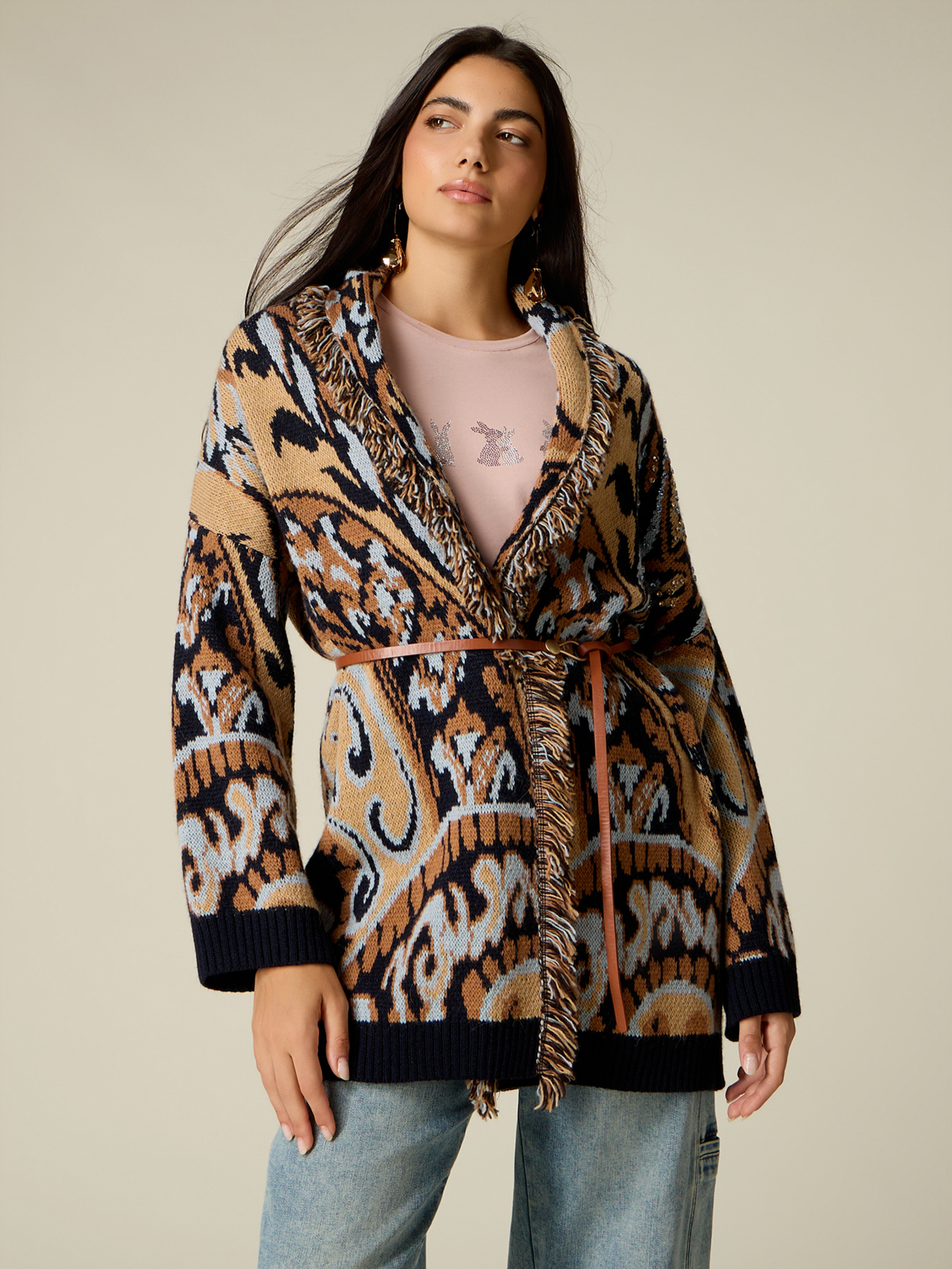 Cardigan long avec franges et cristaux, OLTRE