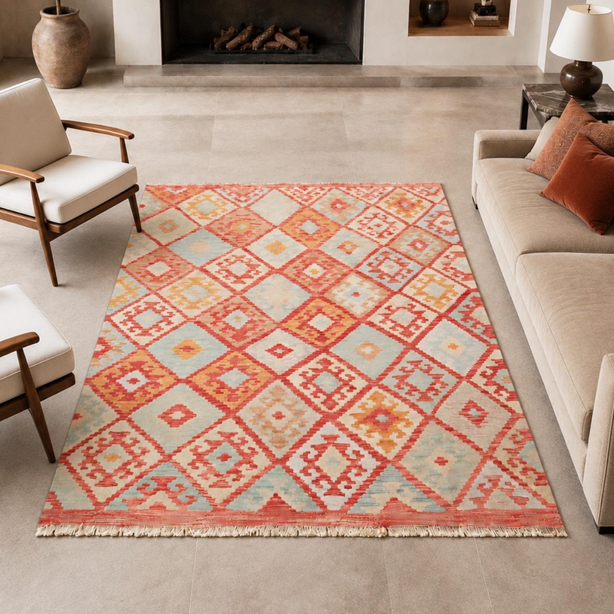 Tapis kilim à motif ethnique, tissé plat artisanal, KILIM 87, UN AMOUR DE TAPIS