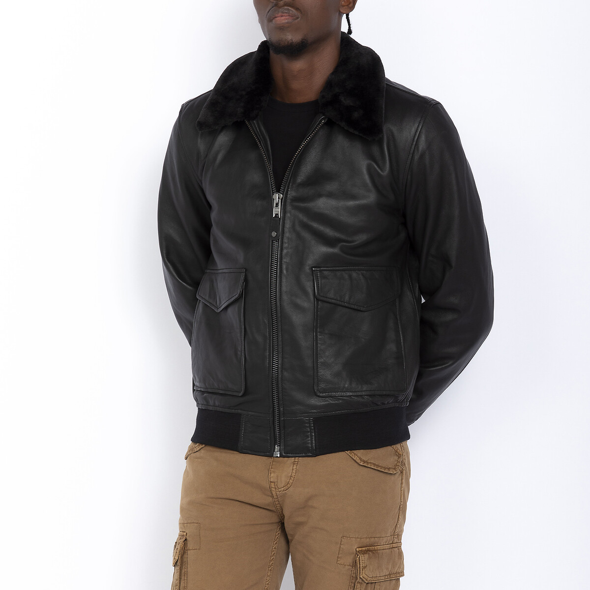 Short collar leather outlet jacket