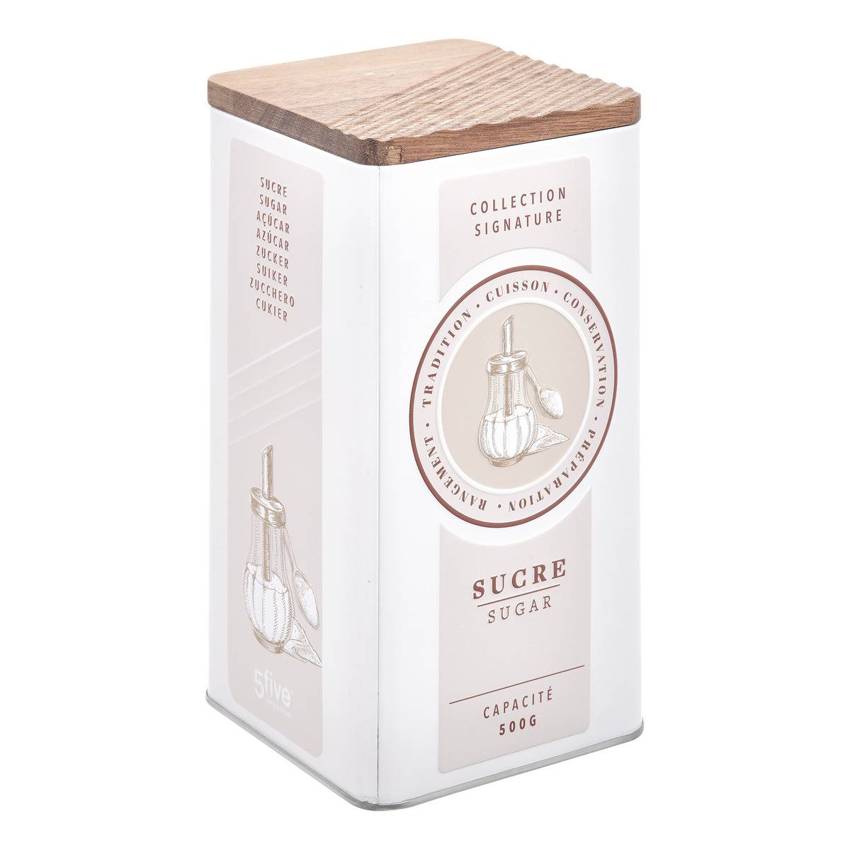 Boîte à sucre 1,6L en fer blanc avec couvercle acacia, 5FIVE SIMPLY SMART