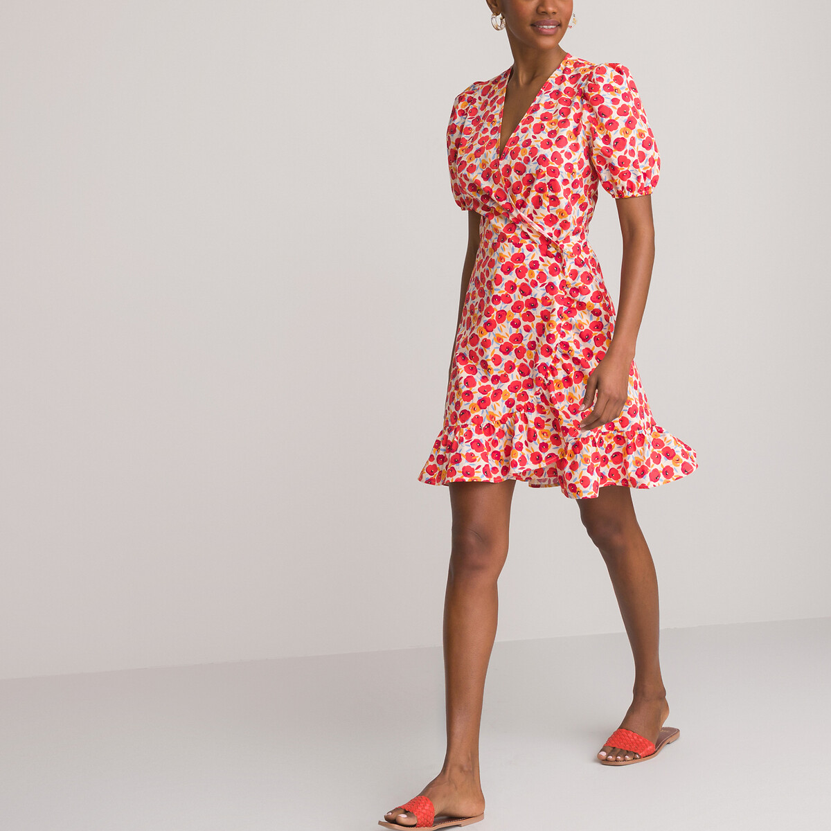 Floral cotton mini dress with puff 