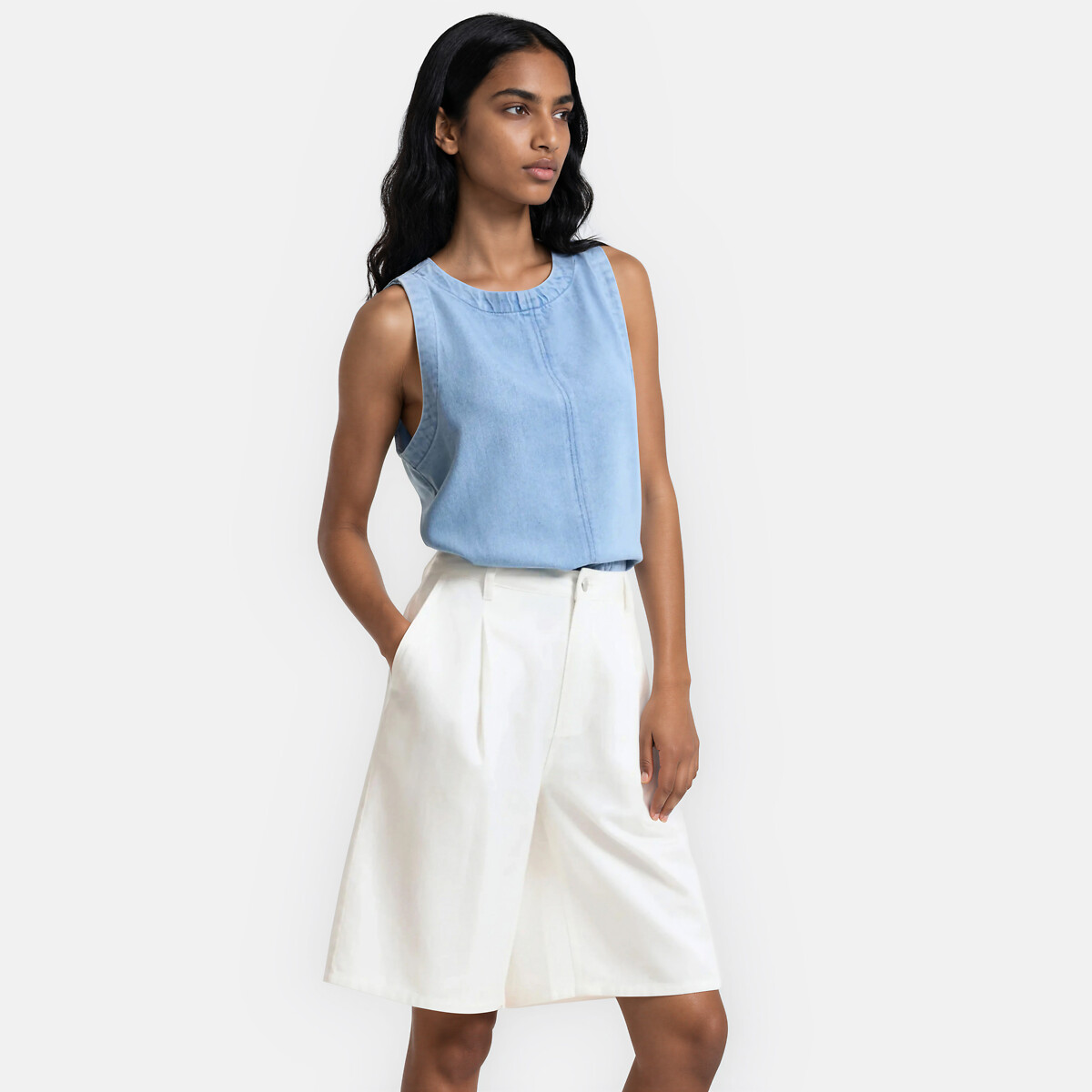 Top sans manches col rond en denim, LA REDOUTE COLLECTIONS