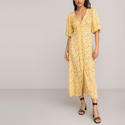 Floral Print Midaxi Dress with Short Puff Sleeves and V-Neck LA REDOUTE COLLECTIONS